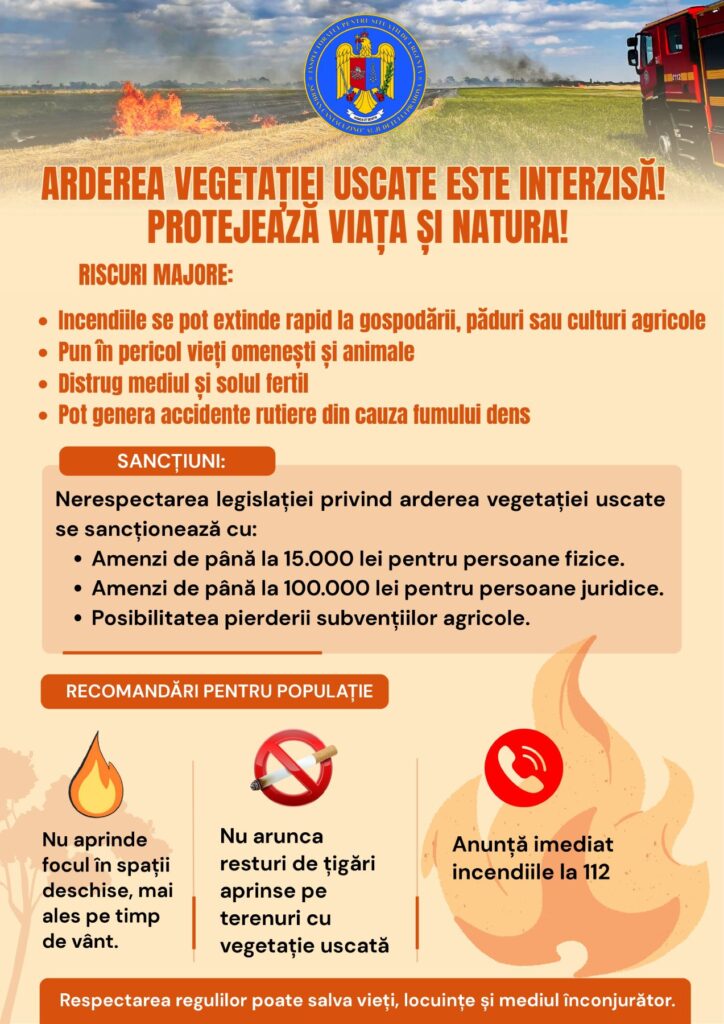 Arderea vegetației uscate este interzisă, constituie contravenție și se sancționează!
