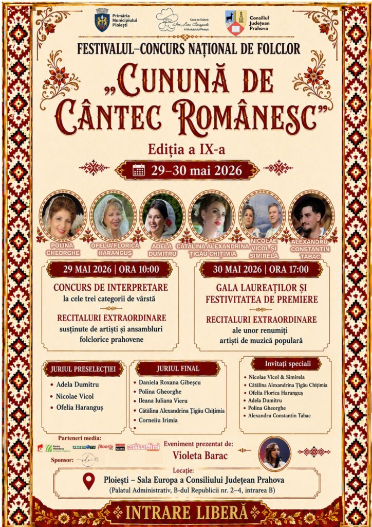 Casa de Cultură „Ion Luca Caragiale” a Municipiului Ploiești, cu sprijinul Primăriei Municipiului Ploiești și al Consiliului Local al Municipiului Ploiești, organizează, în perioada 29-30 mai 2026, cea de-a IX-a ediție a Festivalului – Concurs Național de Folclor „Cunună de Cântec Românesc”, eveniment dedicat promovării autenticității cântecului popular românesc și susținerii tinerelor talente din întreaga țară.